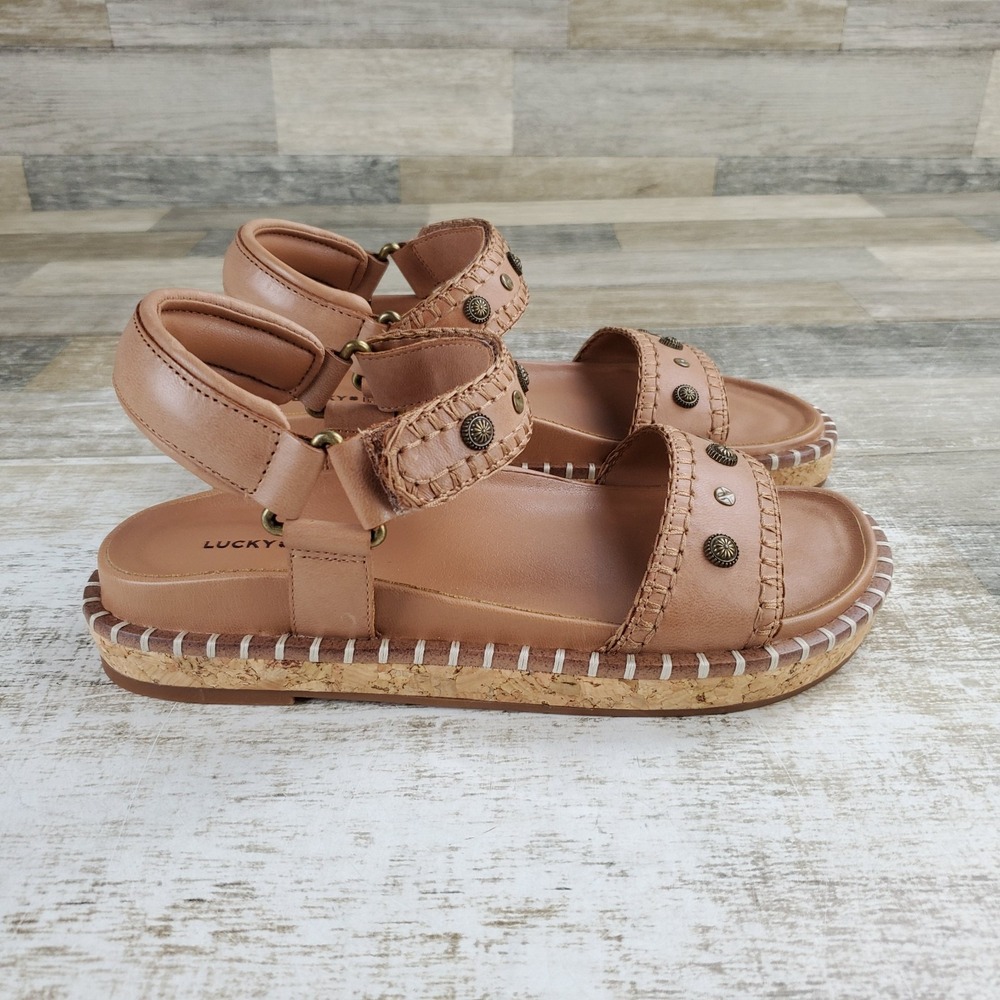 Lucky Brand Ullani Womens Platform Sandals Sz 8 M Latte Leather Hook and Loop